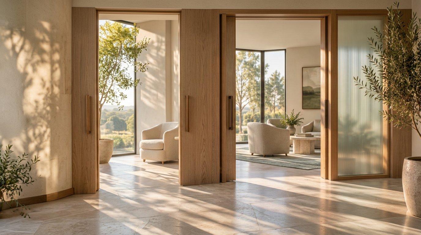 Sunlit oak portal opening into a calm, light-filled living room
