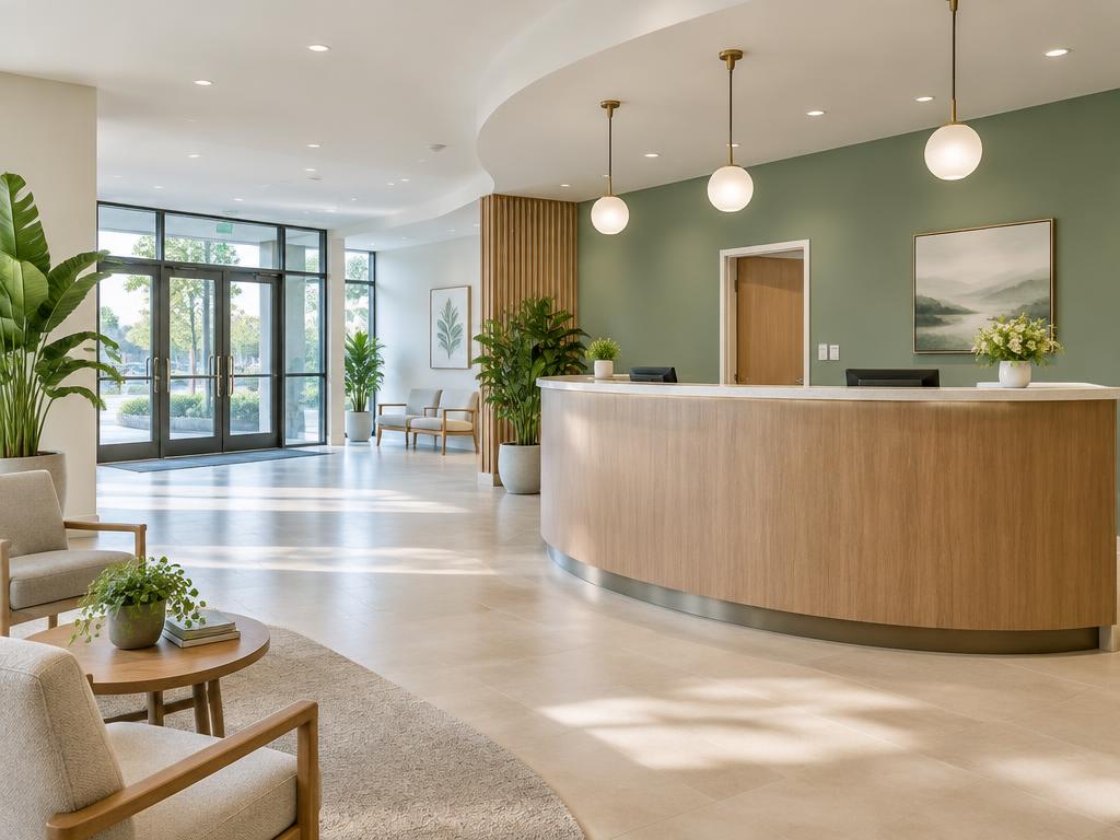 A bright clinic reception lobby with a curved wooden desk